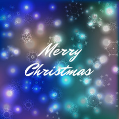 Merry Christmas illustration, bokeh aquamarine background with abstract snowflakes