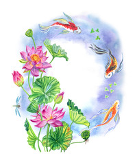Frame of lotus and koi fish, watercolor.