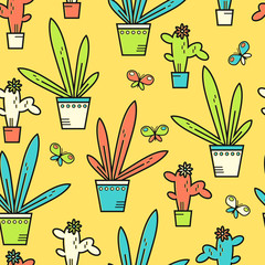 Simple vector bright flat linear houseplants. Succulent and leav
