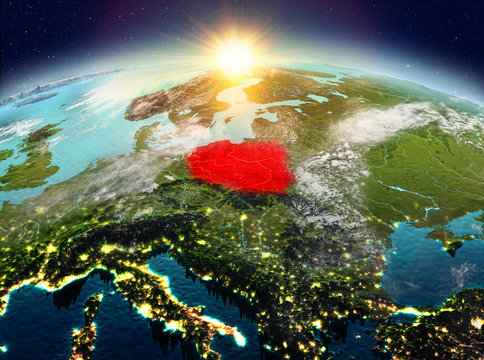 Fototapeta Poland from space in sunrise