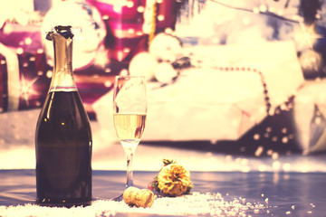 New Year, Christmas background with champagne and galass