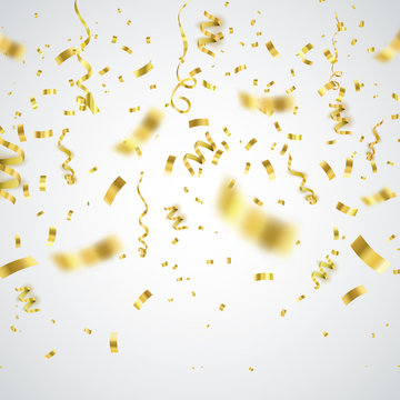 Golden confetti isolated on checkered background. Festive vector illustration
