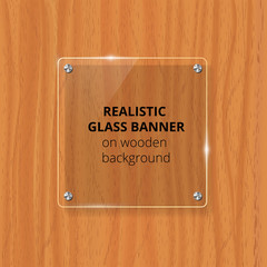 Transparent glass plate mock up. Brown wooden background. Decorative graphic design element. Plastic glossy panel with reflection, shadow.