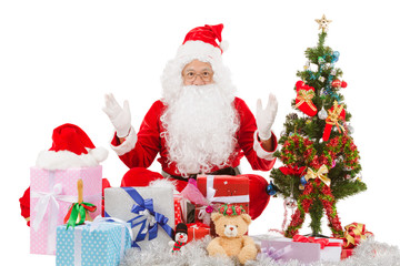 Santa Claus shows happy gesture, Christmas and New Year.