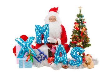 Santa Claus shows happy gesture, Christmas and New Year.