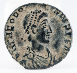 Ancient Roman copper coin of Theodosius. Obverse.
