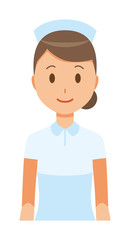 A woman nurse wearing a nurse cap and white coat is facing the front