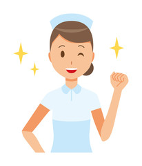 A woman nurse wearing a nurse cap and white coat is raising his fist