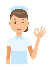 A woman nurse wearing a nurse hat and white coat is playing an okay sign