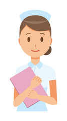 A woman nurse wearing a nurse hat and white coat has a file