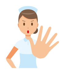 A woman nurse wearing a nurse hat and white coat is giving out his hand