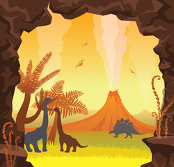 Prehistoric landscape - cave, volcano, dinosaurs, sky. © Natali Snailcat