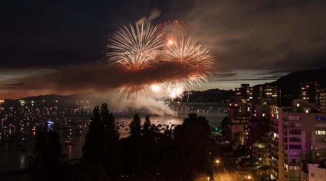 Time lapse night view of English Bay in downtown Vancouver of fireworks event