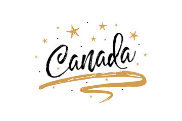 Canada. Name country word text card, banner script. Beautiful typography inscription greeting calligraphy poster black, gold ribbon, star. Handwritten design modern brush lettering isolated vector