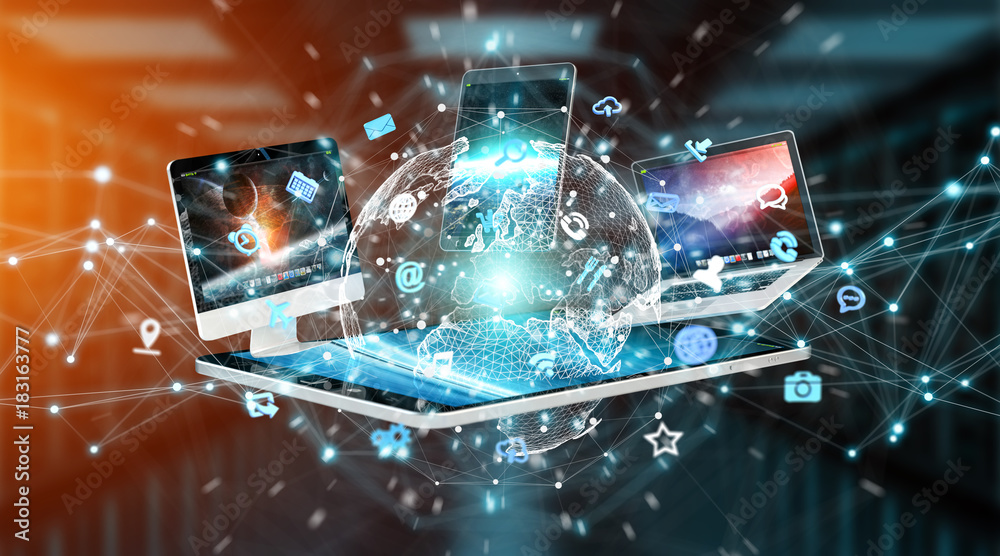 Poster Modern digital devices connected to each other 3D rendering