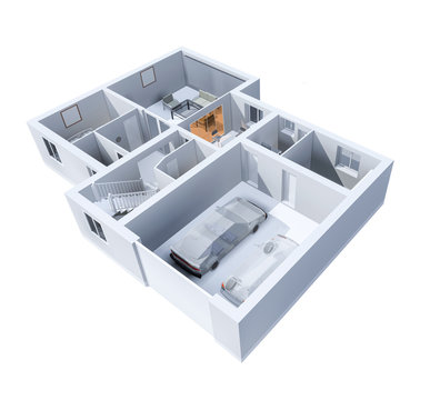 The layout of the apartment, a private cottage with a garage. Top view, 3d illustration on white background