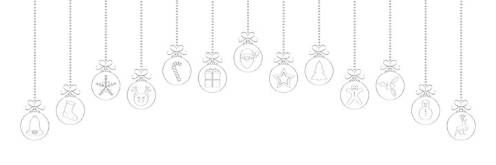 Panoramic Christmas decoration - hanging hand drawn Christmas balls. Vector. 