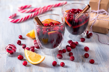Mulled wine with cranberberries, winter drink