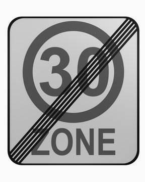 Deutsches Verkehrszeichen: tempo 30 Zone beendet, auf weiß isoliert