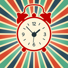 A vector illustration of simple red alarm clock on the vintage background. Old, modern clock silhouette.