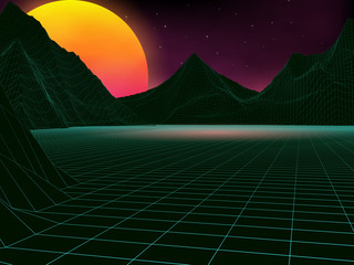  Vector futuristic illustration of sun with mountains in retro style