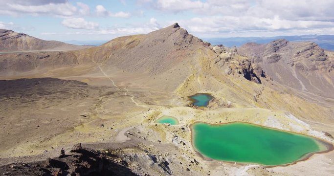 New Zealand Landscape Nature Of Emerald Lakes In Tongariro Alpine Crossing. Stunning volcanic landscape, a famous tourist attraction qnd destination of North Island of New Zealand. SLOW MOTION.