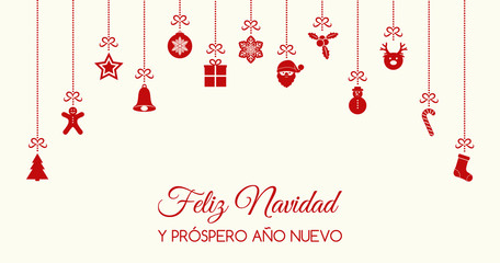 Merry Christmas in Spanish (Feliz Navidad) - concept of card with decoration. Vector.