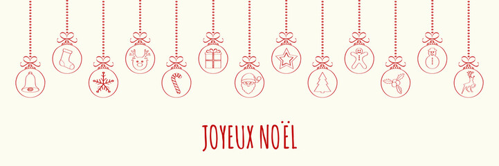 Merry Christmas in French (Joyeux Noel) - concept of card with decoration. Vector.