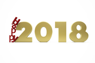 New Year's Happy 2018 - Golden Figures and Red Letters Collapsing - 3D Render Illustration Isolated on White Background