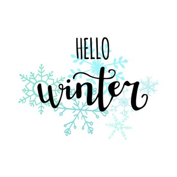 Vector illustration with hand lettering and hand drawn doodle snowflakes Hello winter. Modern brush pen calligraphy on white background. Handwritten phrase for seasonal poster, card, banner design.