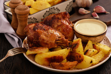 Roasted turkey knuckles with baked potatoes.