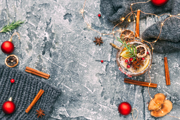 Christmas homemade mulled wine with decorations. Holiday drink