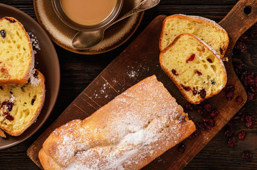 Homemade cake with raisins and crnaberries.