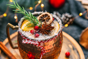 Christmas Mulled wine with slice of orange and spices.
