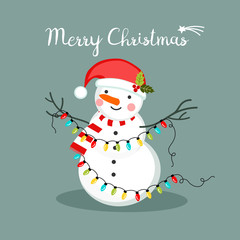 Snowman with lights, Christmas greeting card, vector illustration
