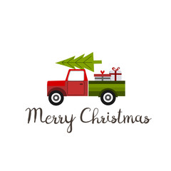 Pickup truck carrying Chrismas tree and presents, vector illustration