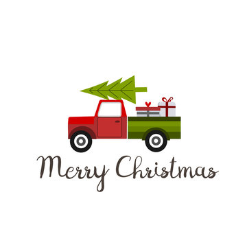 Pickup Truck Carrying Chrismas Tree And Presents, Vector Illustration