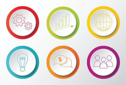 Collection of multicoloured business icons - gear, graph, globe, bulb, chat and group of people. Vector.