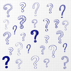 Hand drawn question marks on checked paper - school background. Vector.