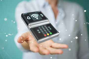 Businesswoman using contactless terminal payment 3D rendering