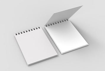 Spiral binder notebook mock up isolated on soft gray background. 3D illustrating.