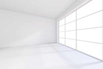Large room with windows and falling light from the window on the wall. 3D rendering.