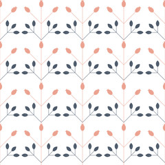Modern vector floral seamless geometric pattern with  stylized rose hips berries and leaves in retro scandinavian style. Simple outlines with worn out texture.