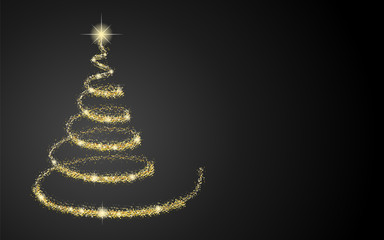 Shiny glittering Christmas tree on black background with copyspace. Vector.