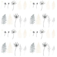 Meadow grasses, flowers, herbs and fern leaves floral vector seamless pattern.