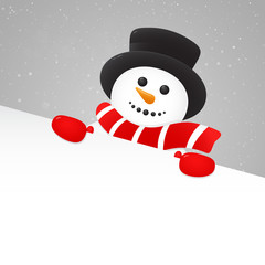 Happy Snowman holding a card on background with snowflakes and copyspace. Vector.