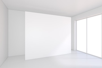 Empty white billboard in a big bright room. 3D rendering.
