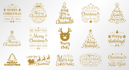 Set of golden Christmas icons with greetings and icons. Vector.