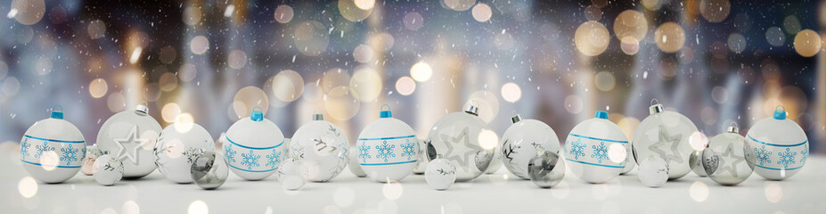 White and blue christmas baubles lined up 3D rendering