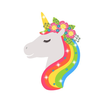 Unicorn vector icon isolated on white. Head portrait horse sticker, patch badge. Cute magic cartoon fantasy cute animal. Rainbow hair. Design for children
